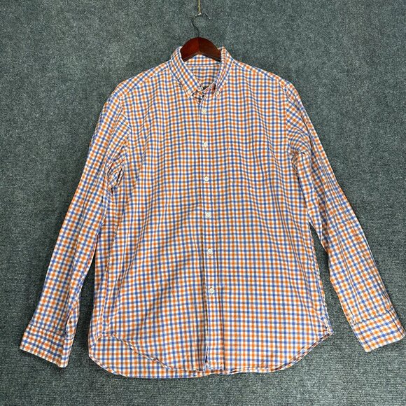 J Crew Shirt Mens Large Light Weight Cotton Orange Blue Check Pocket Button Down - Picture 1 of 9